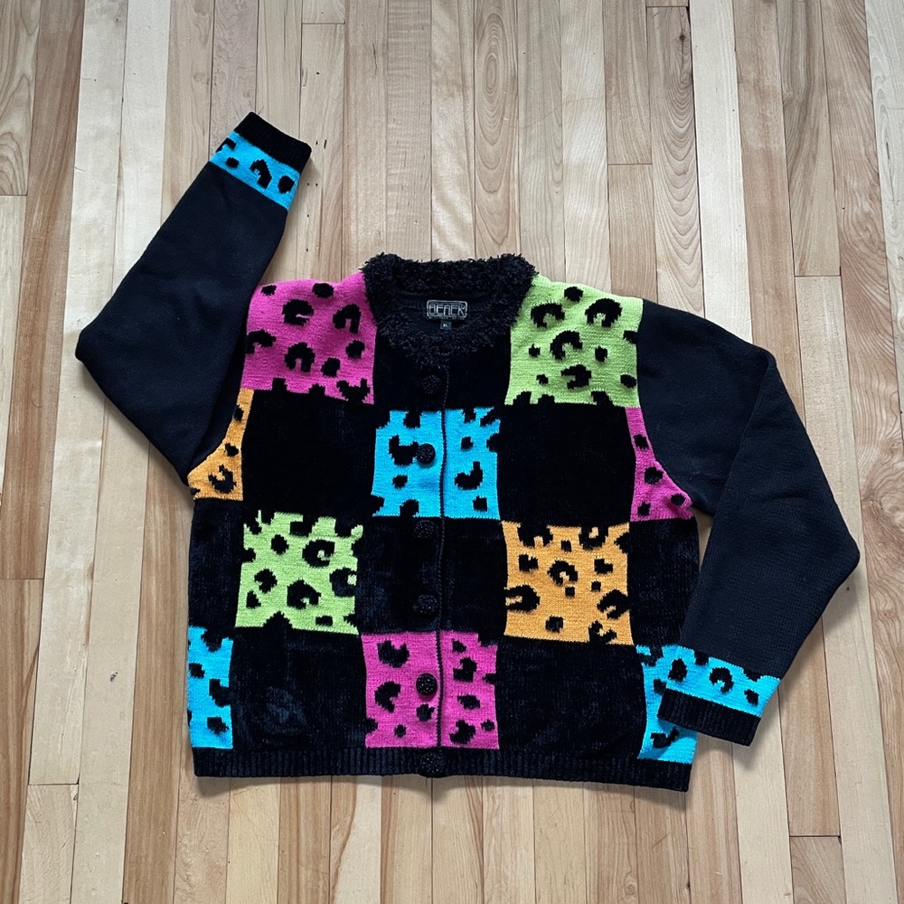 Vtg Berek by Takako Sakon Colorful Colorblock Leopard Cardigan - Sz XL
